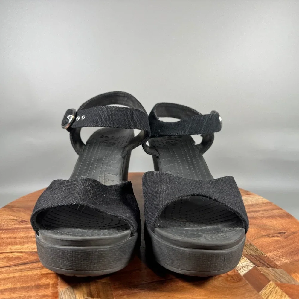 Crocs Leigh Wedge Sandals Black Canvas Ankle Strap Platform Womens Size 10